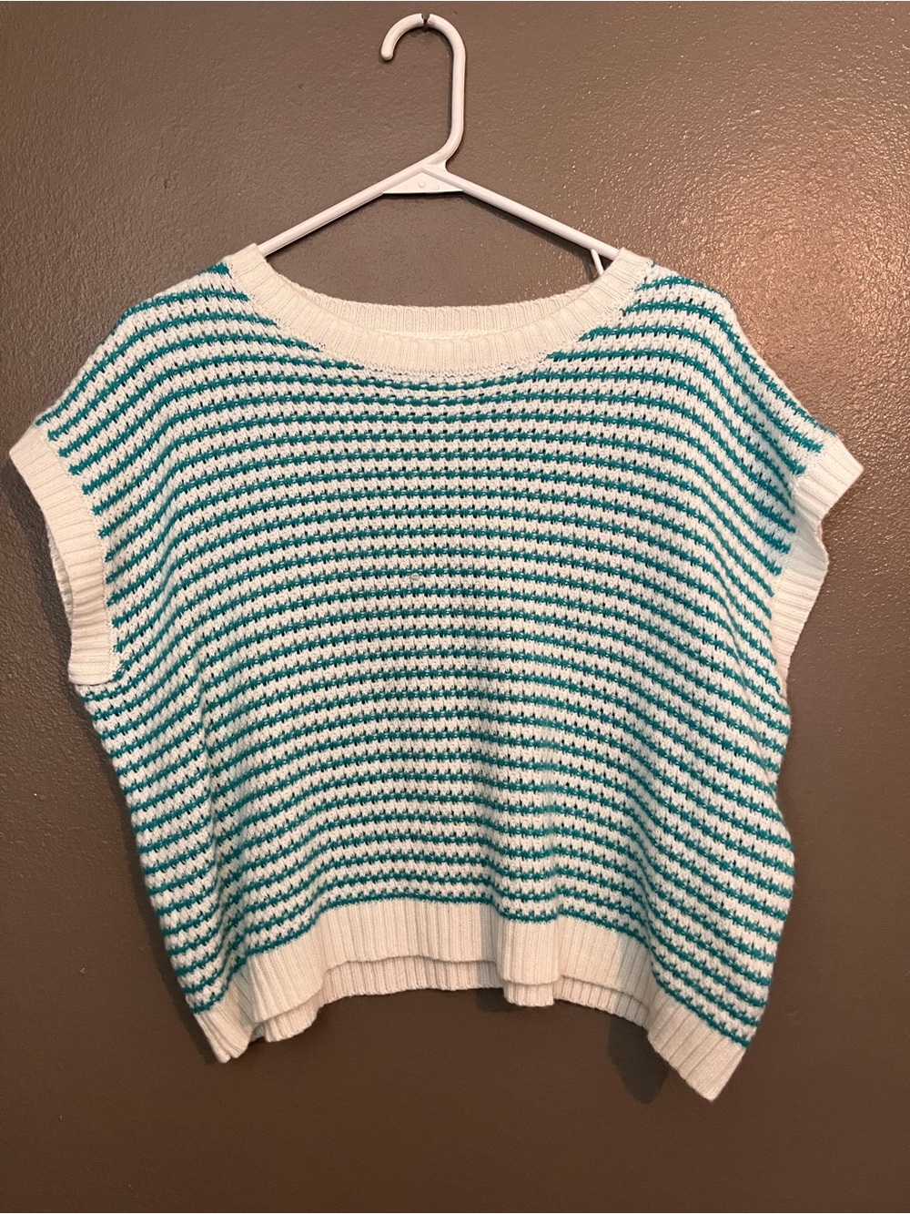 Striped Crewneck Sweater Vest in White and Teal